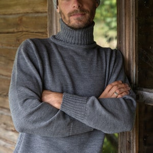 Suéter de cuello alto para hombre, Jersey de lana tejido a mano para hombre, Suéter submarino, Prendas de punto de lana merino para hombre Gris