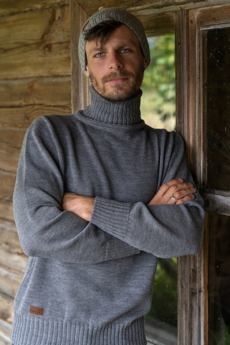 Suéter de cuello alto para hombre, Jersey de lana tejido a mano para hombre, Suéter submarino, Prendas de punto de lana merino para hombre Gris
