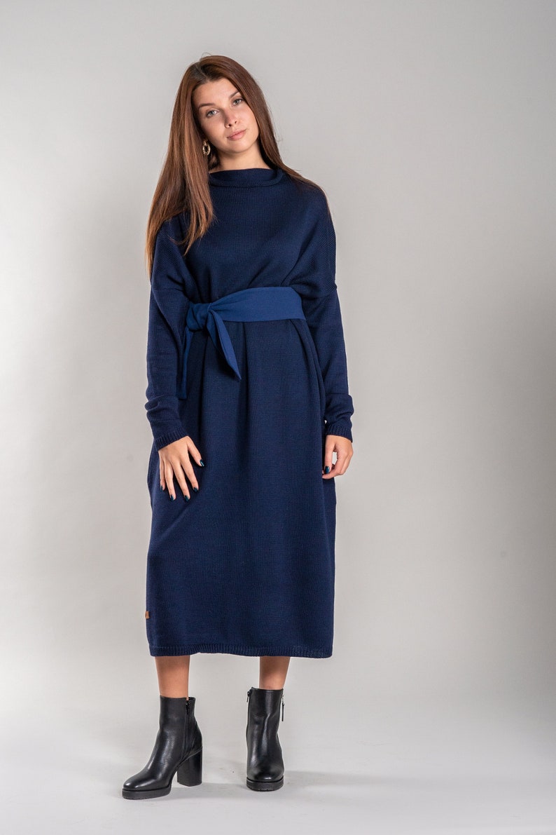 Loose Fit Merino Wool Tunica, Lightweight Soft Hand Knitted Long Dress for Women, Soft Wool Maxi Blue Winter Dress image 1