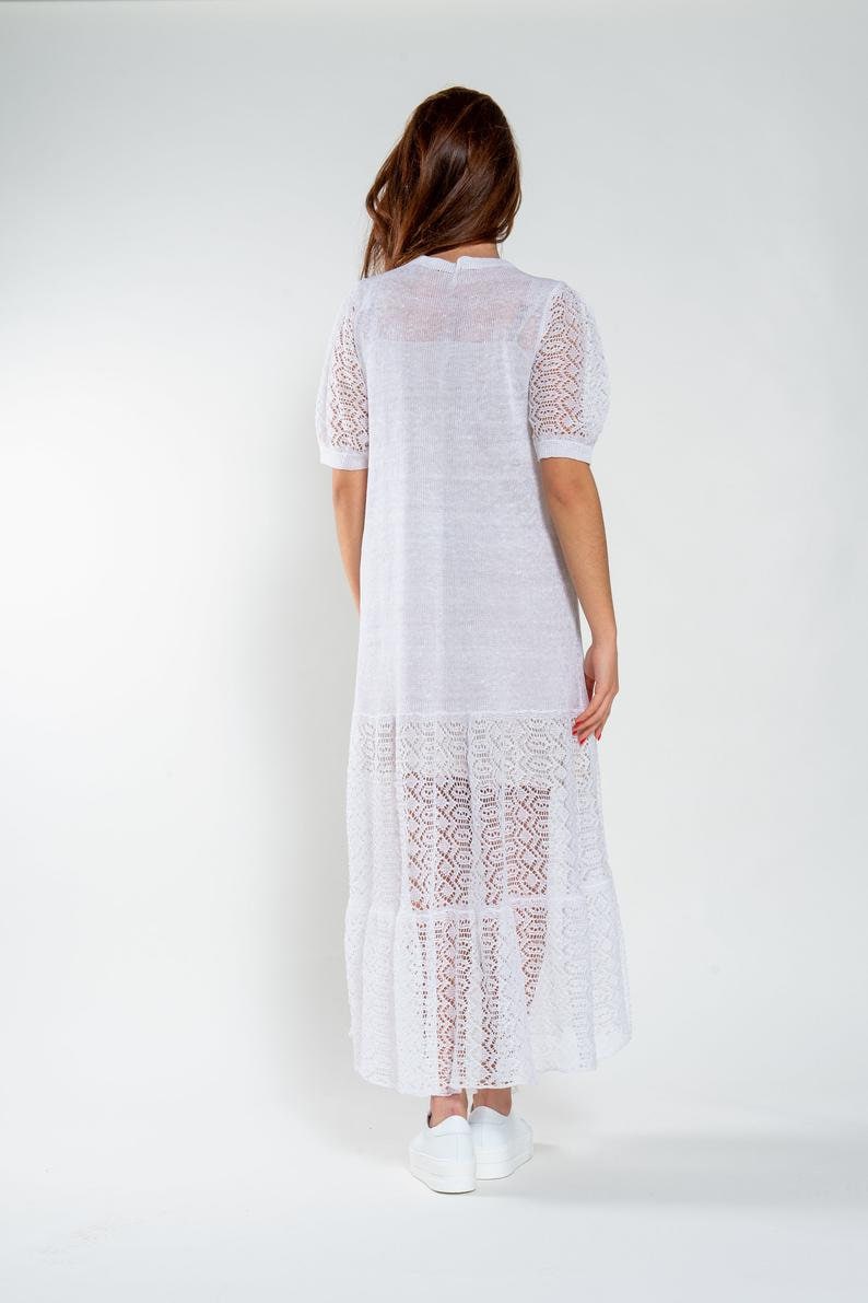 Hand knitted linen dress, White crochet summer dress, Long see through linen dress, Lightweight wedding dress, Boho crochet dress image 6