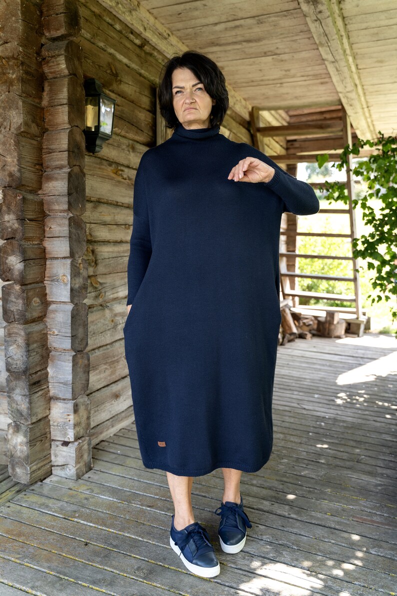 Loose Fit Merino Wool Tunica, Lightweight Soft Hand Knitted Long Dress for Women, Soft Wool Maxi Blue Winter Dress image 7