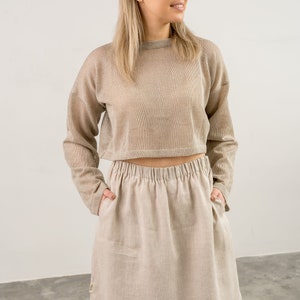 Topover en lin écologique minimaliste, Pull femme tricoté, pull crop top tricoté à la main en lin naturel, pull en tricot beige vintage image 2