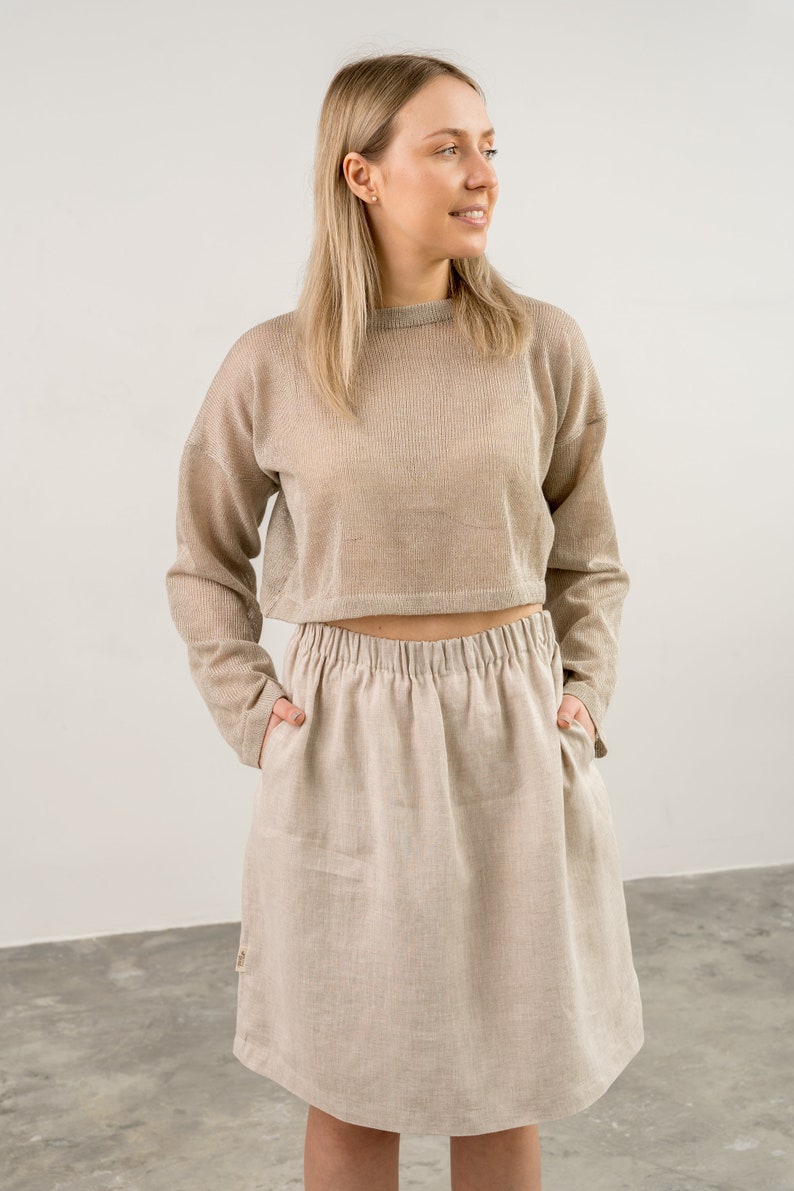 Topover en lin écologique minimaliste, Pull femme tricoté, pull crop top tricoté à la main en lin naturel, pull en tricot beige vintage image 2