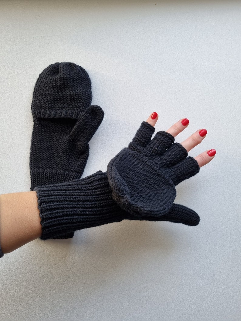 Fingerless hand knitted merino mittens, Unisex warm woolen fingerless gloves, Fair trade knit merino mittens, Womens flip top gloves image 1