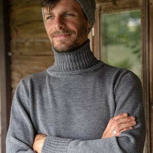 Suéter de cuello alto para hombre, Jersey de lana tejido a mano para hombre, Suéter submarino, Prendas de punto de lana merino para hombre imagen 2