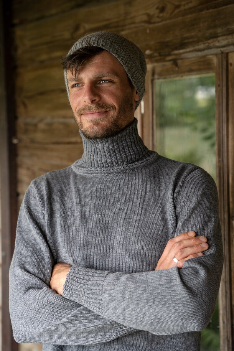 Suéter de cuello alto para hombre, Jersey de lana tejido a mano para hombre, Suéter submarino, Prendas de punto de lana merino para hombre imagen 2