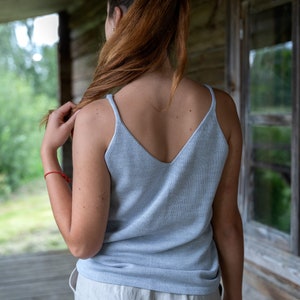 Soft wool spaghetti top, Grey knitted lightweight woolen basic top, Sleeveless tank tee top for woman, Simple hand knit womens blouse