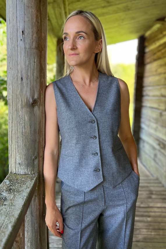 Grey Colour Classic Women Buttoned Waistcoat Woolen Elegant Button up Vest Top Sleeveless Minimalist Regular Fit Wool Waistcoat Gray Top Etsy