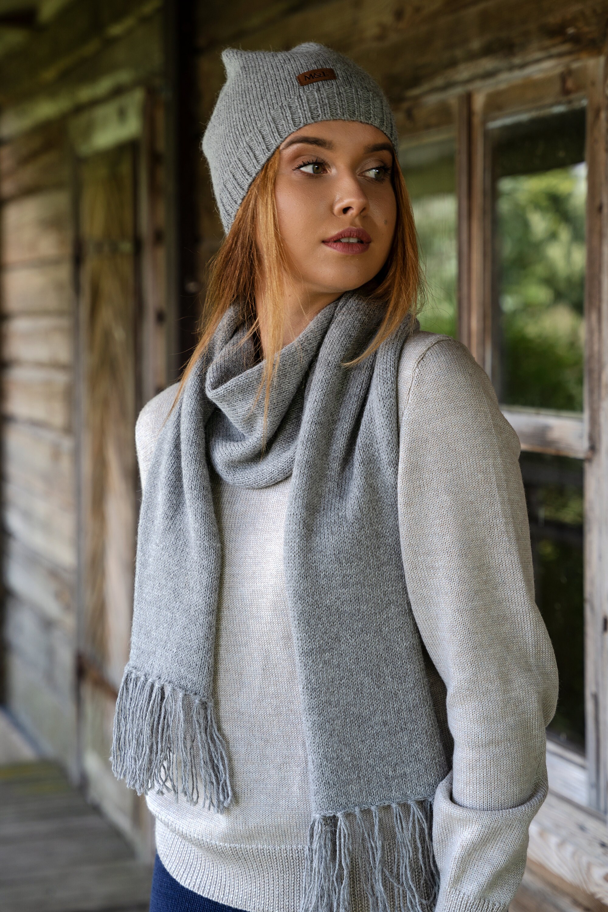 Set of Hand Knitted Natural Alpaca Wool Scarf, Men's Beanie and