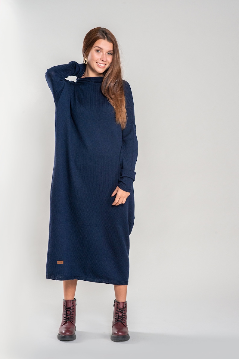 Loose Fit Merino Wool Tunica, Lightweight Soft Hand Knitted Long Dress for Women, Soft Wool Maxi Blue Winter Dress Dark Blue