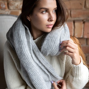 Large hand knitted women's scarf, Pure wool wrap wide scarf, Christmas gift for wife, Mohair wool accessories, Elegant unisex boho shawl image 3