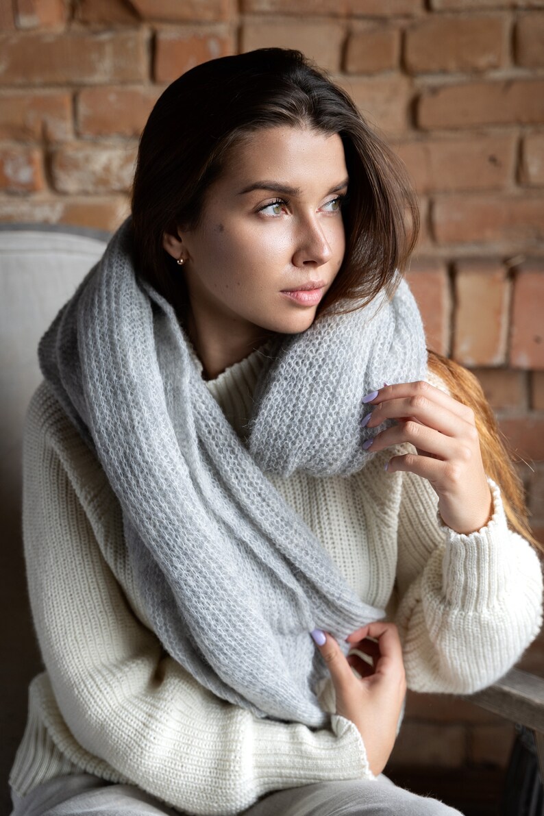 Large hand knitted women's scarf, Pure wool wrap wide scarf, Christmas gift for wife, Mohair wool accessories, Elegant unisex boho shawl image 3