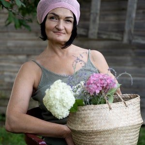 Sommer Französisches Leinen Barett, Tam Slouchy Hut für Frauen, Gestricktes Kopf Accessoire, Béret en lin Light pink