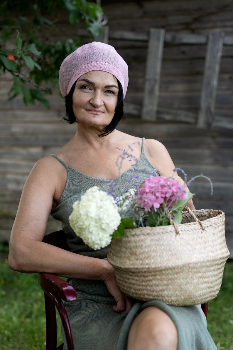 Zomer Franse linnen baret, Tam Slouchy hoed voor dames, gebreide hoofdaccessoire, baret en lin Light pink