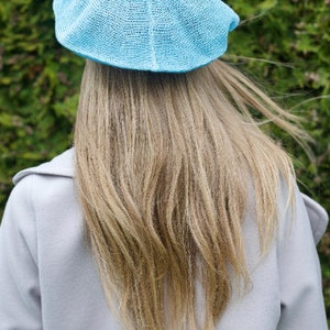 Zomer Franse linnen baret, Tam Slouchy hoed voor dames, gebreide hoofdaccessoire, baret en lin Blueish