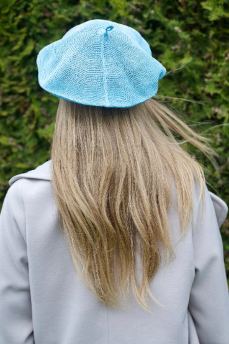 Sommer Französisches Leinen Barett, Tam Slouchy Hut für Frauen, Gestricktes Kopf Accessoire, Béret en lin Blueish