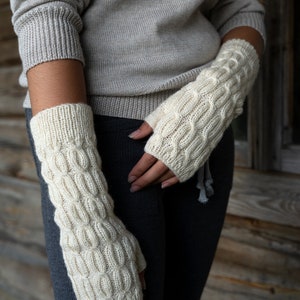 Wrist Warmers for Grandmother, Hand Knitted Fingerless Mittens, Gauntlets Gloves Alpaca, Grey Wrist Cuffs, Long Typing Gloves style 2