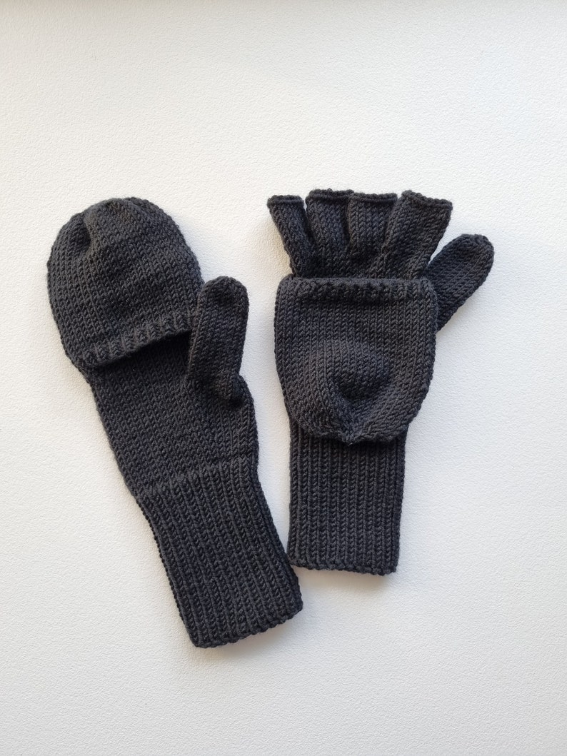 Fingerless hand knitted merino mittens, Unisex warm woolen fingerless gloves, Fair trade knit merino mittens, Womens flip top gloves image 3