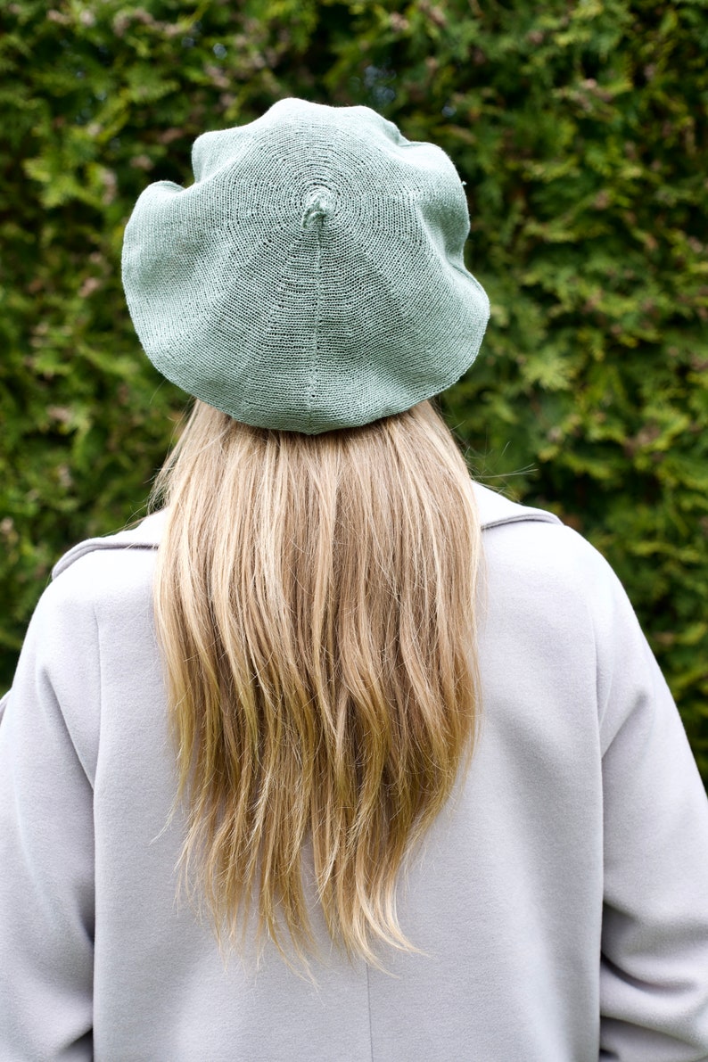 Linen crochet hat beret, Summer berets for women, baskenmütze leinen, French beret for women, Knitted berets Moss Green