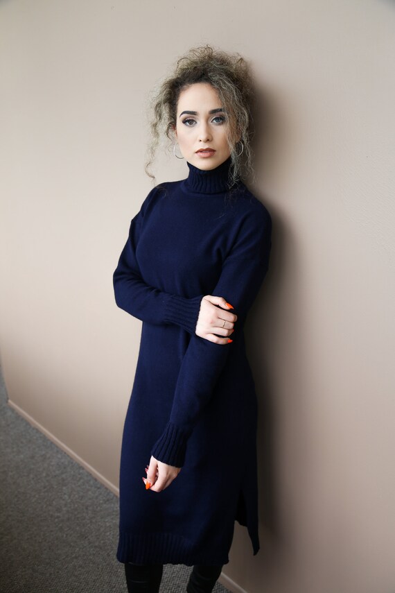 navy blue long sleeve turtleneck dress Ramy Brook Linda Wool Blend Sweater Midi Dress in Navy
