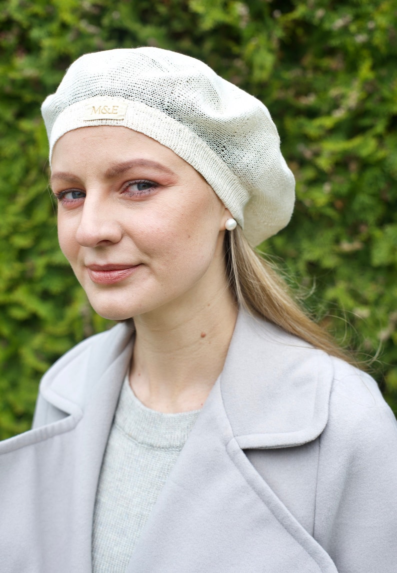 Linen crochet hat beret, Summer berets for women, baskenmütze leinen, French beret for women, Knitted berets White