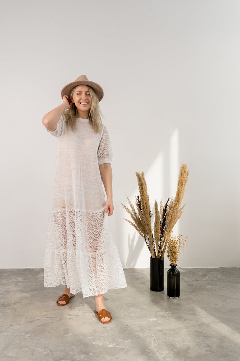 Hand knitted linen dress, White crochet summer dress, Long see through linen dress, Lightweight wedding dress, Boho crochet dress image 1