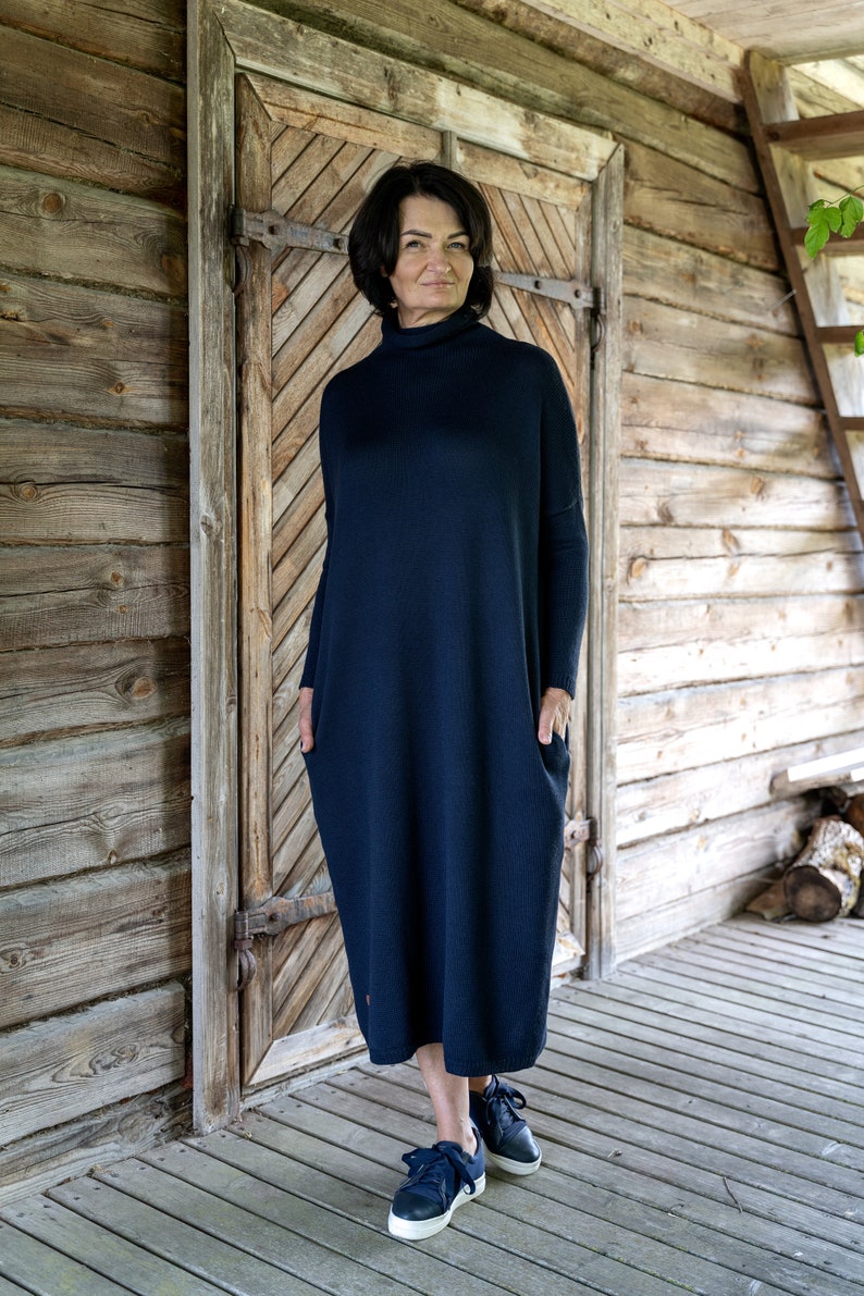 Loose Fit Merino Wool Tunica, Lightweight Soft Hand Knitted Long Dress for Women, Soft Wool Maxi Blue Winter Dress image 8