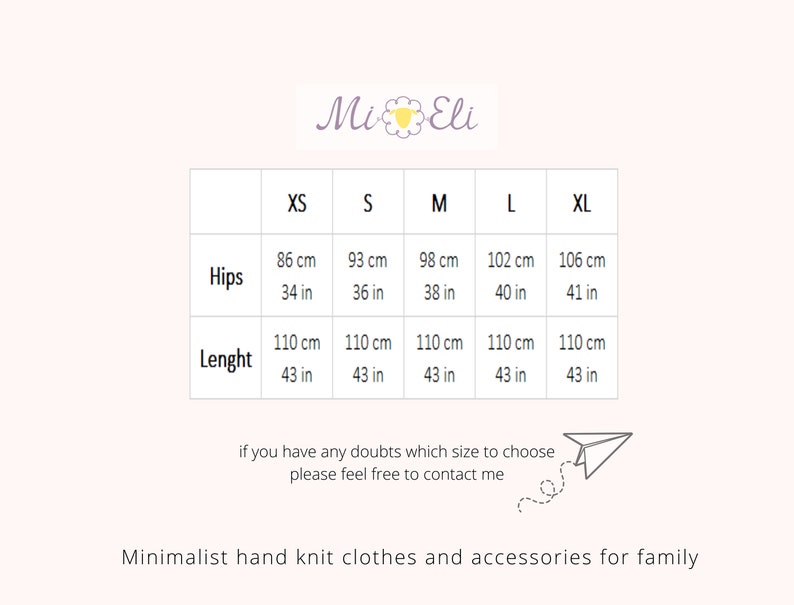 May include: Size chart for knit clothing with measurements in inches and centimeters. The chart shows sizes XS, S, M, L, and XL with measurements for hips and length.