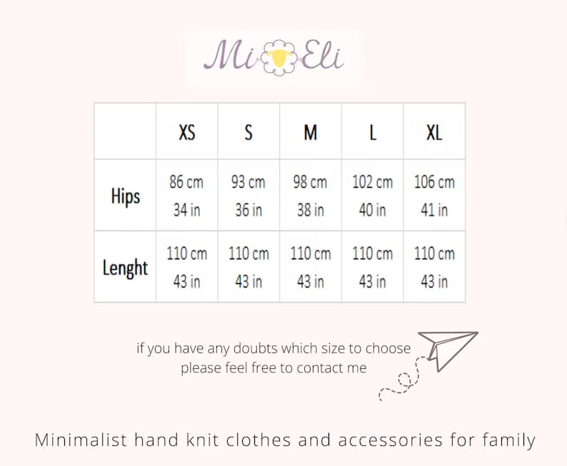 May include: Size chart for knit clothing with measurements in inches and centimeters. The chart shows sizes XS, S, M, L, and XL with measurements for hips and length.