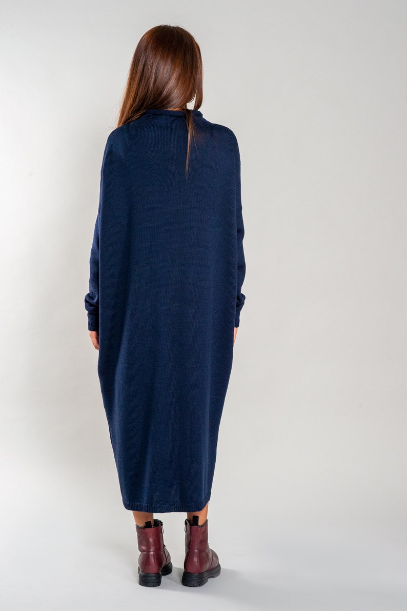 Loose Fit Merino Wool Tunica, Lightweight Soft Hand Knitted Long Dress for Women, Soft Wool Maxi Blue Winter Dress image 4