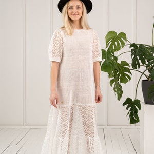 Hand knitted linen dress, White crochet summer dress, Long see through linen dress, Lightweight wedding dress, Boho crochet dress White