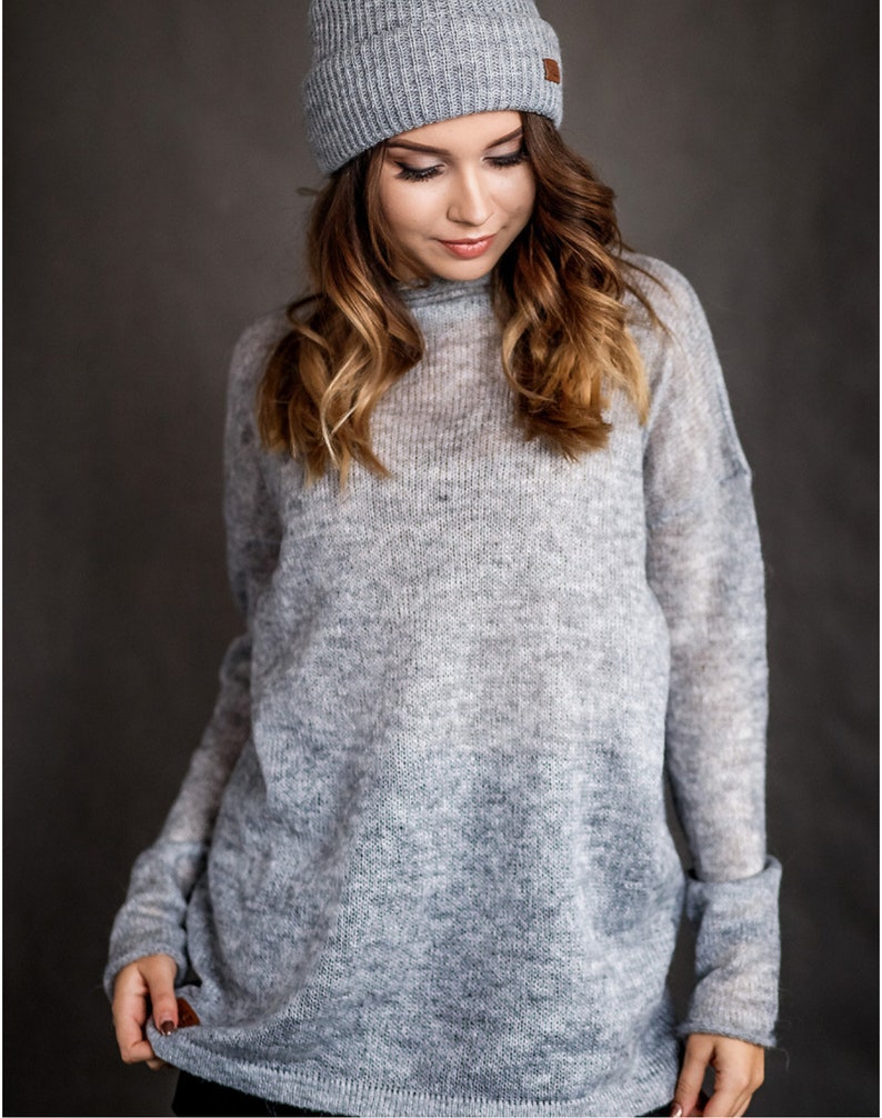 Loose knit sweater Mohair oversized pullover Gray mohair long sweater for women image 9