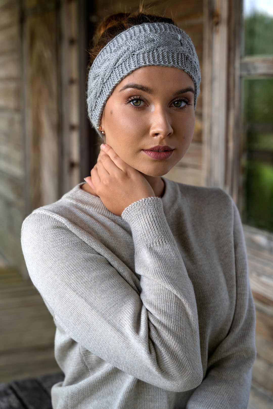 ?Handmade silver trim knit headband ? Gray marbled Twist Ear Warmer / Headband – Threads & MOR main image 3
