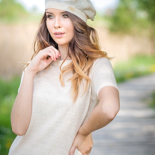 Summer French Linen Beret, Tam Slouchy Hat for Women, Knitted Head