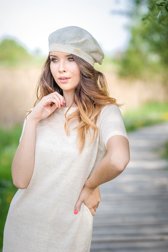 Summer French Linen Beret, Tam Slouchy Hat for Women