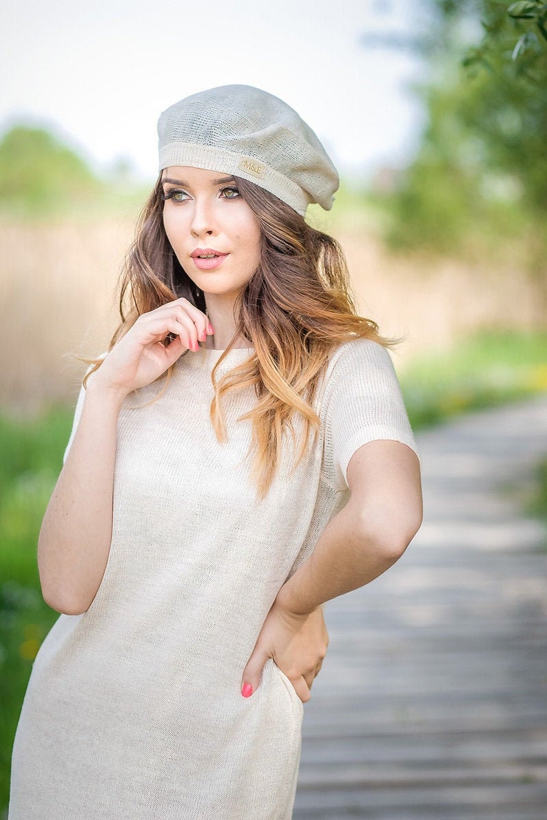 Sommer Französisches Leinen Barett, Tam Slouchy Hut für Frauen, Gestricktes Kopf Accessoire, Béret en lin Bild 1