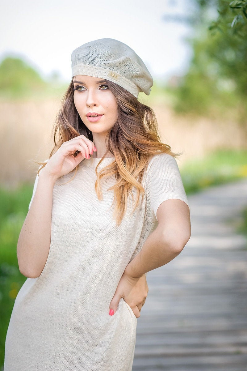 Summer French Linen Beret, Tam Slouchy Hat for Women