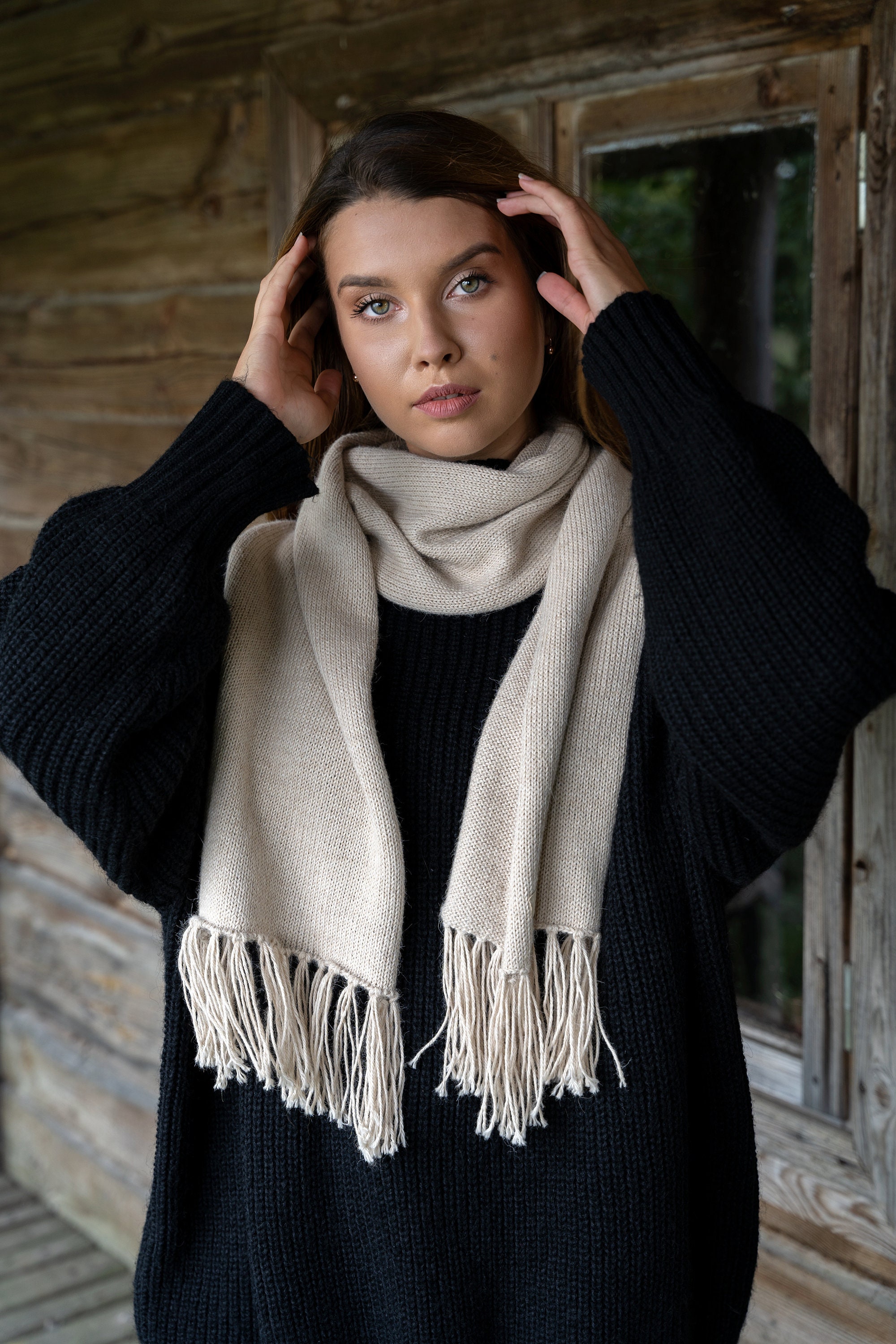 Alpaca Scarf - Black/White Herringbone