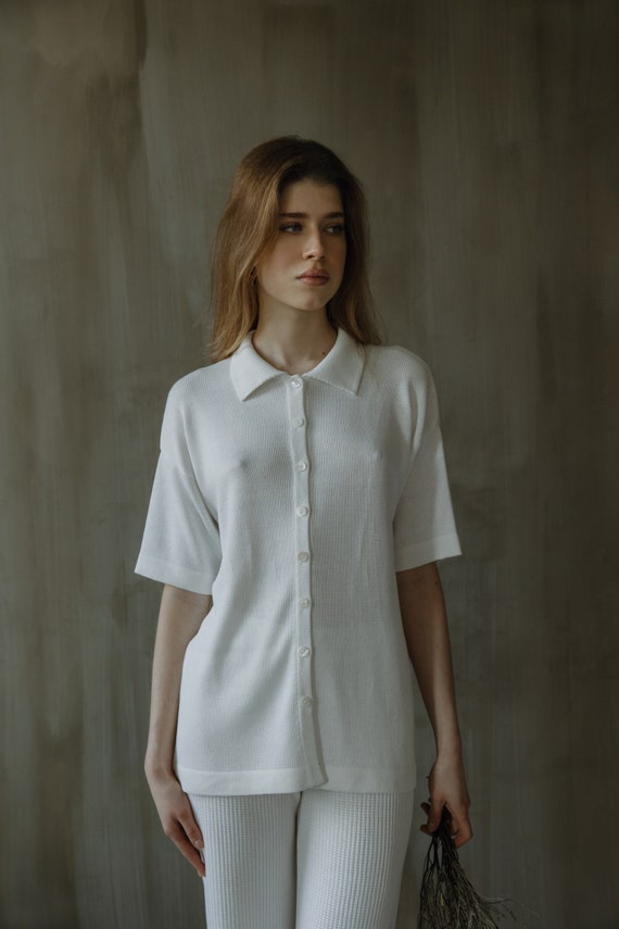 Summer Knitted Soft Yarn Button up Women Blouse, White