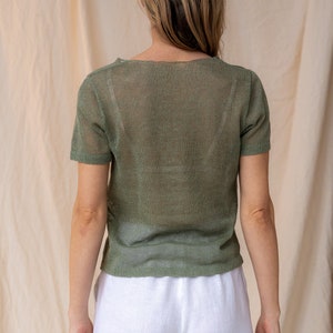 Hand knit short sleeves blouse, Basic women's shirt, Sensitive skin clothing, Eco yarns womans tshirt, Knitted linen top, Knit linen image 4