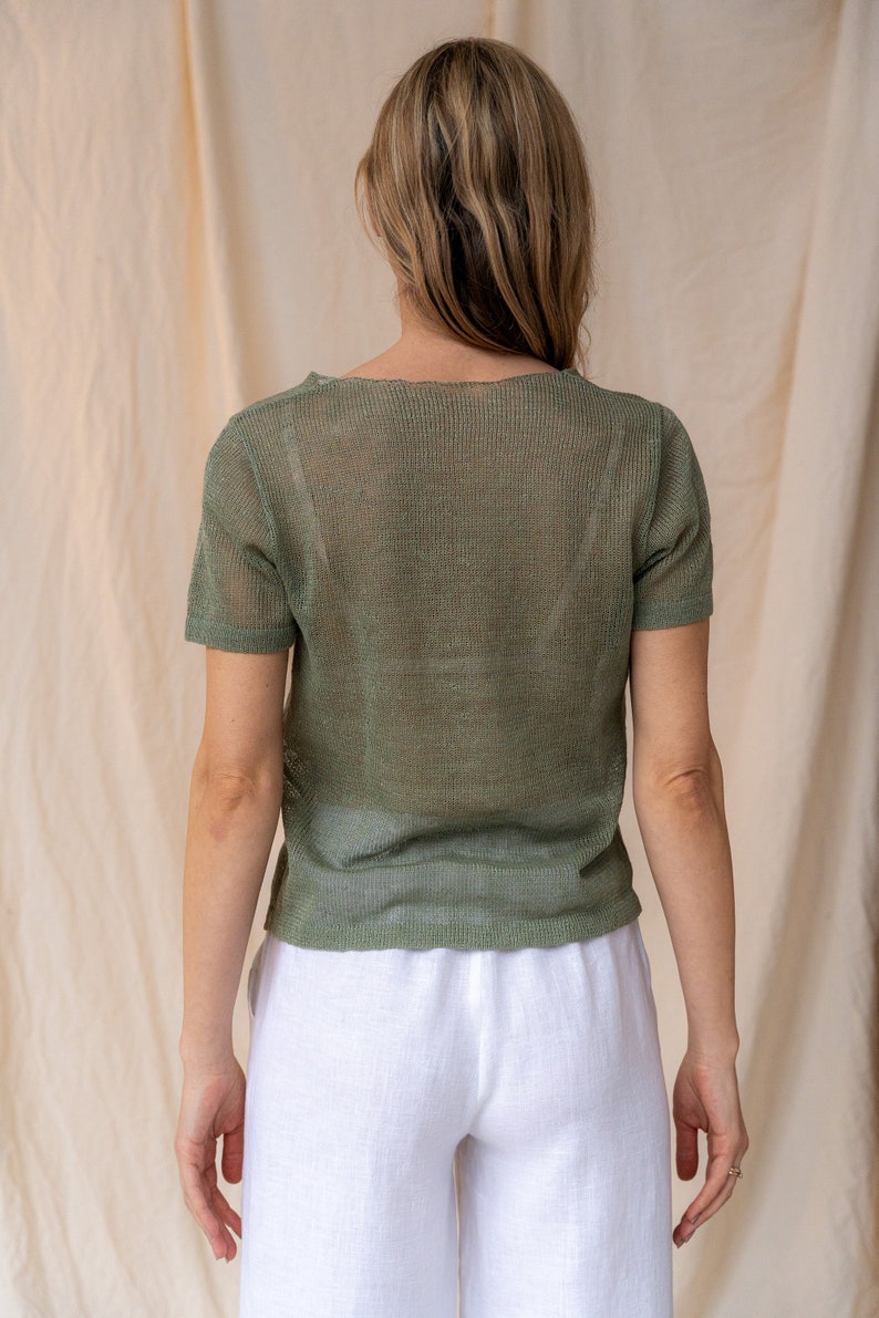 Hand knit short sleeves blouse, Basic women's shirt, Sensitive skin clothing, Eco yarns womans tshirt, Knitted linen top, Knit linen image 4