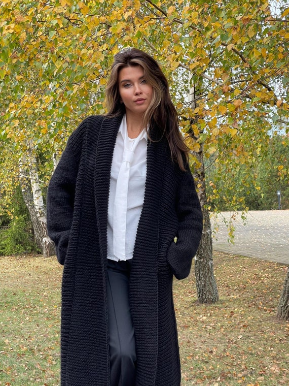 Natural Merino Wool & Alpaca Maxi Cardigan, Hand-knitted Women's