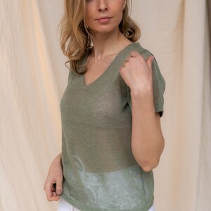 Hand knit short sleeves blouse, Basic women's shirt, Sensitive skin clothing, Eco yarns womans tshirt, Knitted linen top, Knit linen image 3