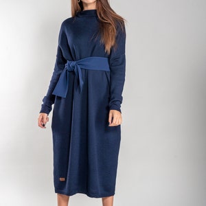 Loose Fit Merino Wool Tunica, Lightweight Soft Hand Knitted Long Dress for Women, Soft Wool Maxi Blue Winter Dress image 5