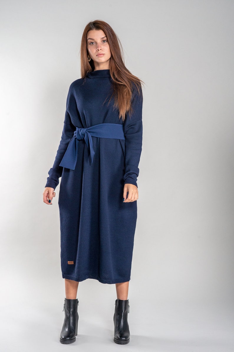 Loose Fit Merino Wool Tunica, Lightweight Soft Hand Knitted Long Dress for Women, Soft Wool Maxi Blue Winter Dress image 5