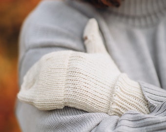 Warm typing gloves, White fingerless hand knit merino mittens, Unisex woolen fingerless gloves, Womens flip top gloves, Merino wool mittens