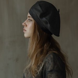 Zomer Franse linnen baret, Tam Slouchy hoed voor dames, gebreide hoofdaccessoire, baret en lin Graphite black