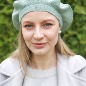 Sommer Französisches Leinen Barett, Tam Slouchy Hut für Frauen, Gestricktes Kopf Accessoire, Béret en lin Moss green