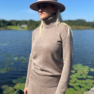 Knitted merino wool soft warm women turtleneck, Natural wool basic winter underwear long sleeve top, Beige colour pullover high neck sweater