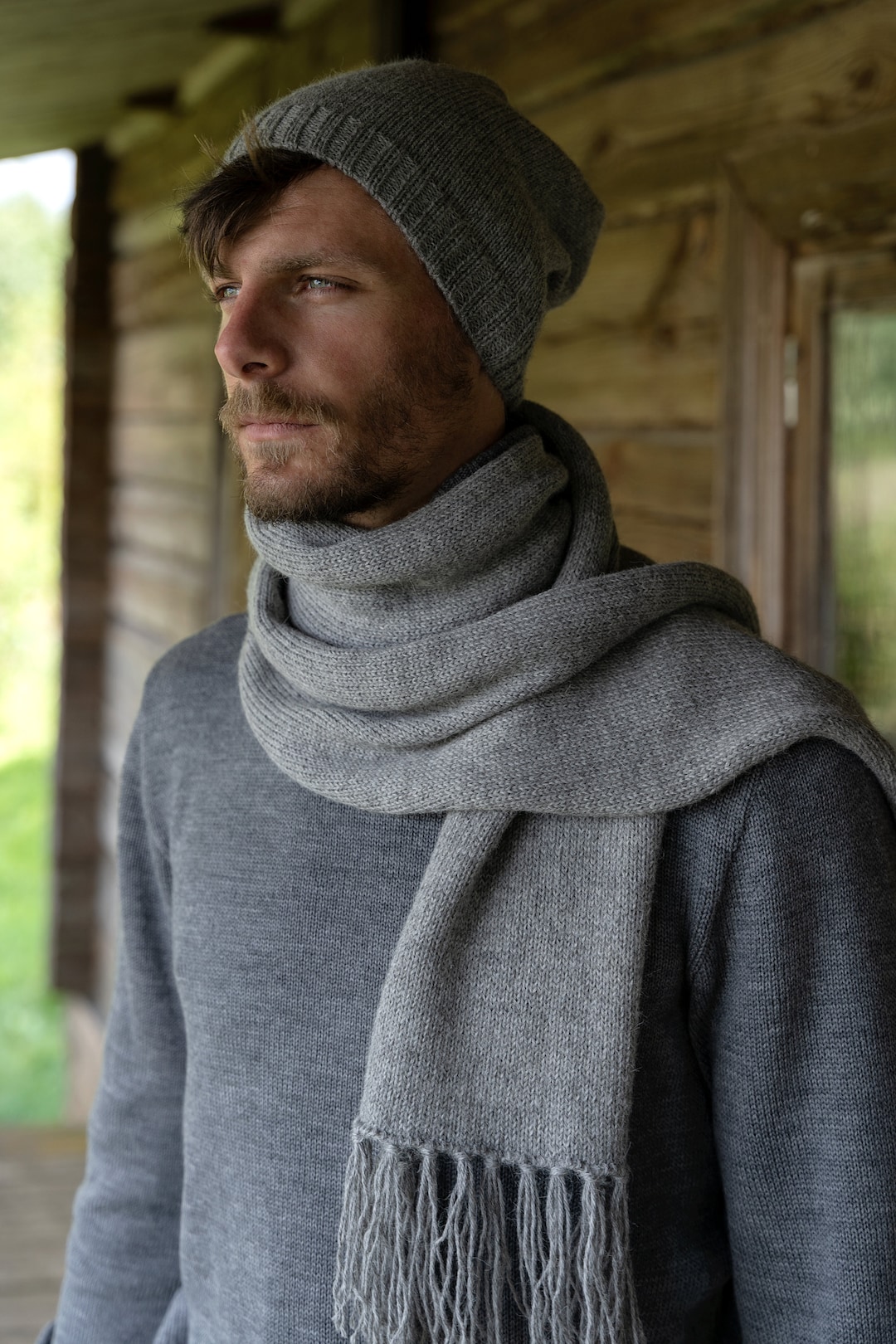Men's Alpaca Wool Scarf, Soft Gray Knitted Scarf, Minimalist Men's Alpaca Wool Scarf, Soft Gray Knitted Scarf, Minimalist